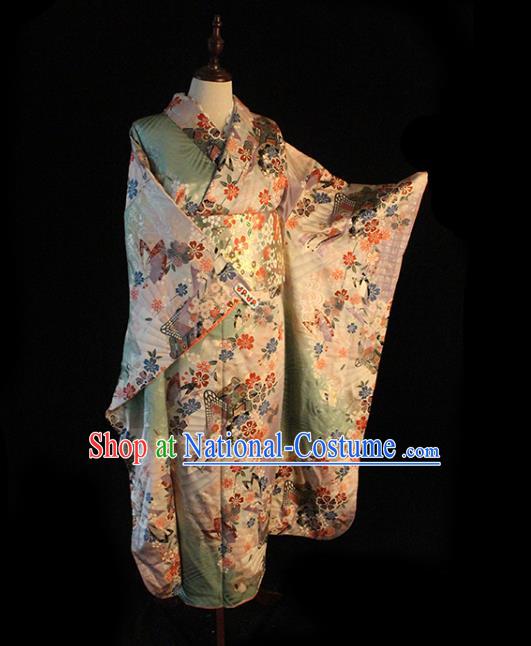 Japanese Traditional Wedding Bride Green Yukata Dress Asian Japan Court Printing Sakura Furisode Kimono Costume