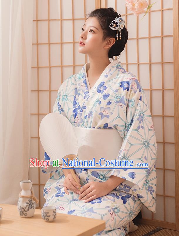 Japanese Traditional Hanabi Taikai Yukata Dress Asian Japan Summer Festival Printing White Kimono Fashion