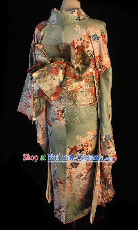 Japanese Traditional Wedding Bride Green Yukata Dress Asian Japan Court Printing Sakura Furisode Kimono Costume