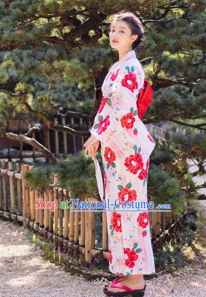 Japanese Traditional Printing Camellia Yukata Dress Asian Japan Hanabi Taikai Young Woman Pink Kimono Fashion