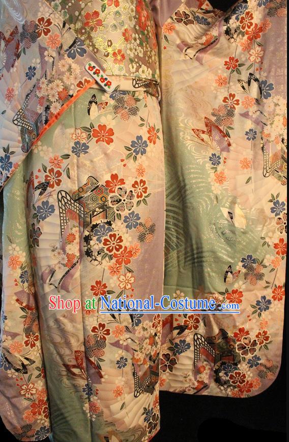 Japanese Traditional Wedding Bride Green Yukata Dress Asian Japan Court Printing Sakura Furisode Kimono Costume