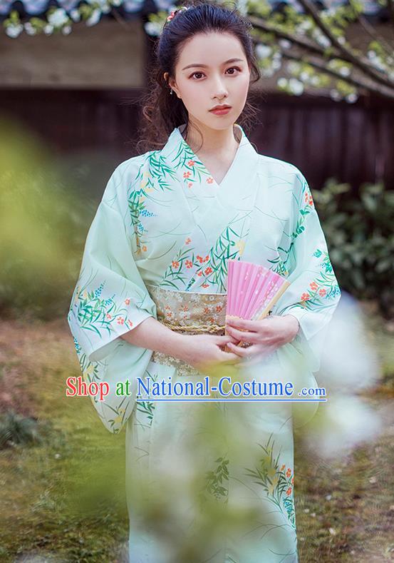 Japanese Traditional Young Lady Yukata Dress Asian Japan Summer Festival Printing Light Green Kimono Costume