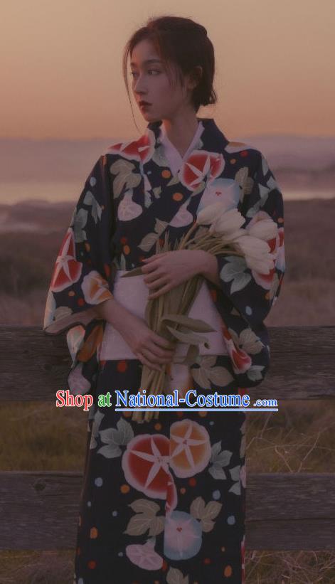 Asian Japan Young Lady Kimono Fashion Japanese Traditional Printing Petunia Navy Yukata Dress