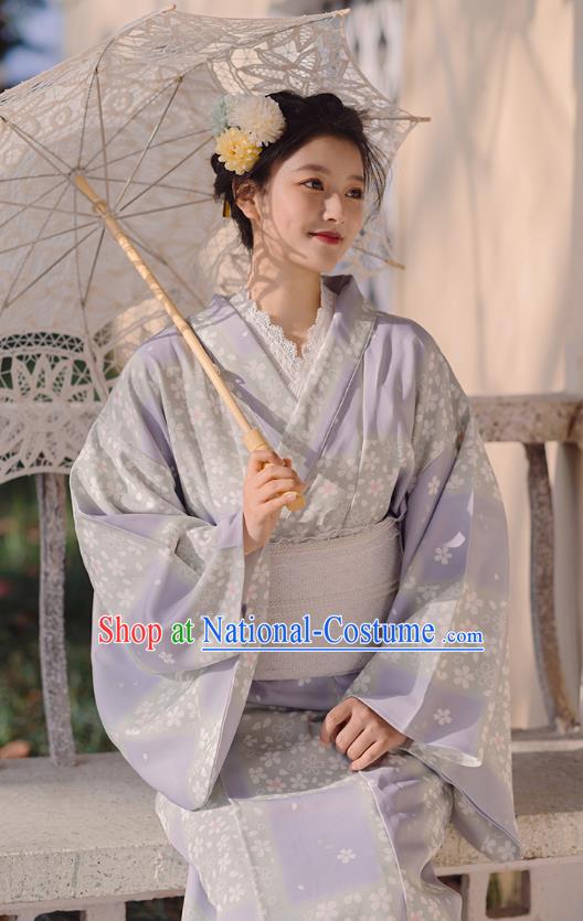 Japanese Traditional Young Lady Yukata Dress Asian Japan Printing Sakura Lilac Kimono Fashion