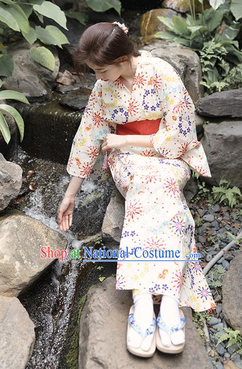 Asian Japan Printing Fairworks Beige Kimono Fashion Japanese Traditional Hanabi Taikai Yukata Dress