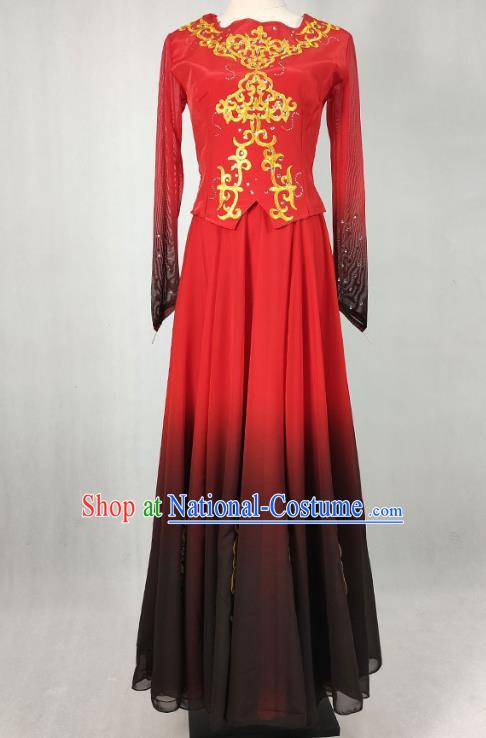 China Traditional Uyghur Nationality Stage Performance Clothing Xinjiang Ethnic Folk Dance Red Dress