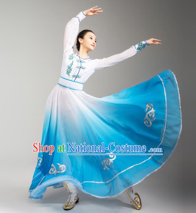 China Traditional Mongol Nationality Stage Performance Clothing Mongolian Ethnic Woman Dance Blue Dress