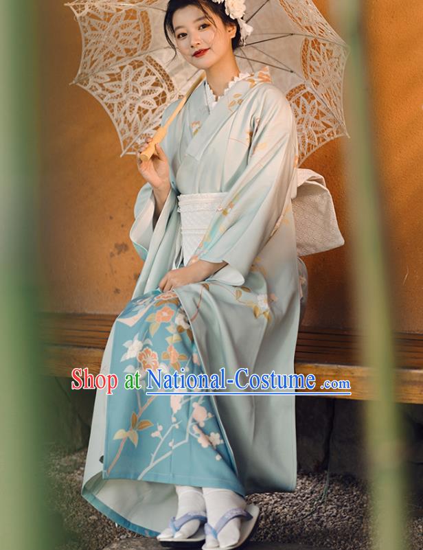 Japanese Traditional Summer Festival Yukata Dress Asian Japan Printing Blue Furisode Kimono Fashion