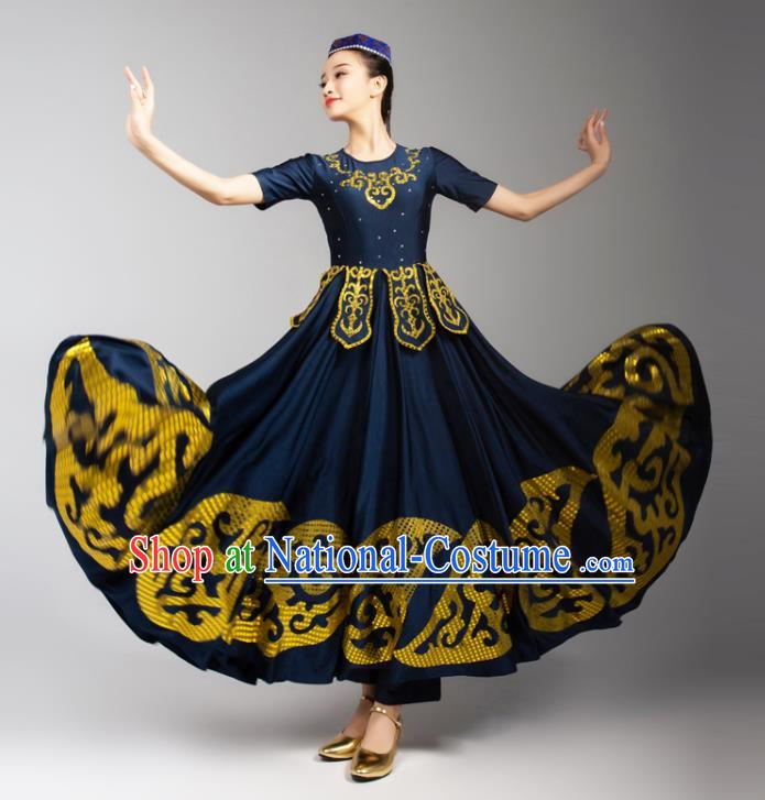 China Mongolian Ethnic Woman Dance Navy Dress Traditional Mongol Nationality Stage Performance Clothing