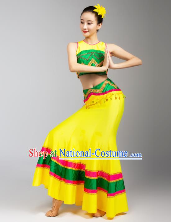 China Yunnan Ethnic Peacock Dance Yellow Dress Outfits Traditional Dai Nationality Woman Clothing