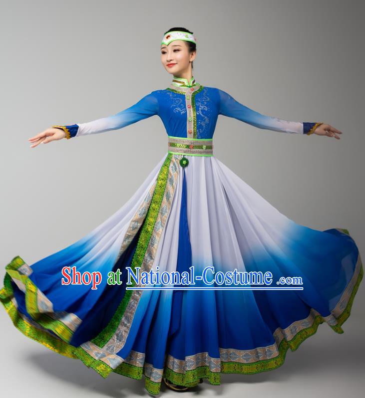 China Mongolian Ethnic Folk Dance Blue Dress Outfits Traditional Mongol Nationality Performance Clothing