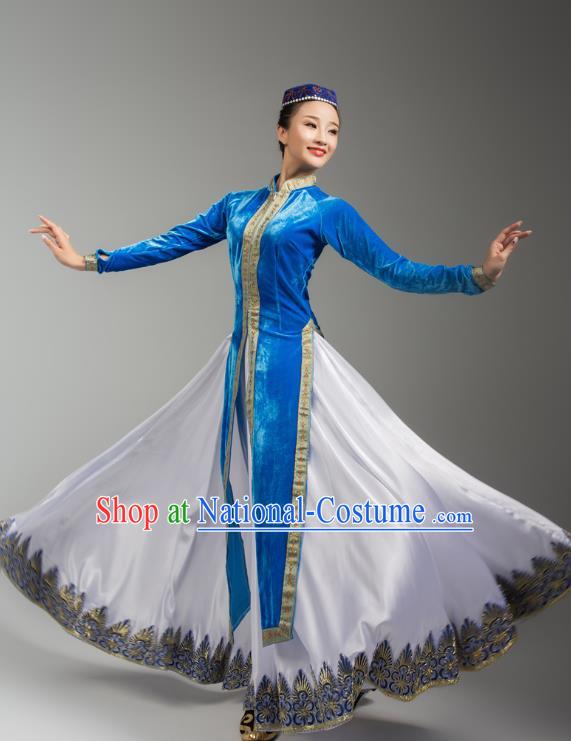 China Xinjiang Korla Ethnic Folk Dance Blue Dress Outfits Traditional Uygur Nationality Female Dance Clothing