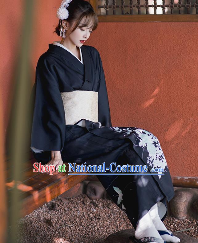 Japanese Traditional Printing Butterfly Black Yukata Clothing Asian Japan Young Lady Uchikake Kimono Dress