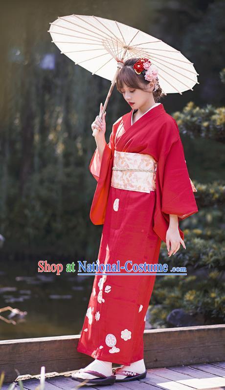 Japanese Traditional Hanabi Taikai Printing Red Yukata Dress Asian Japan Young Lady Kimono Clothing