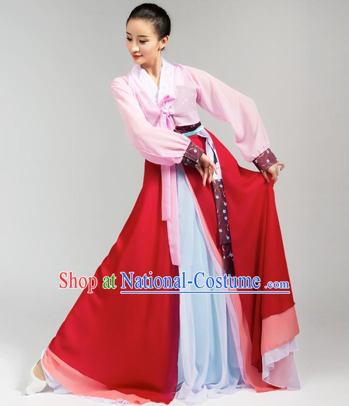 China Korean Ethnic Folk Dance Pink Blouse Red Dress Outfits Traditional Nationality Stage Performance Clothing