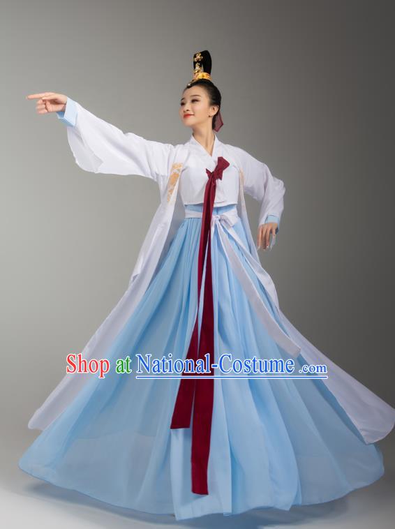 China Korean Ethnic Stage Performance Blue Dress Outfits Traditional Korean Nationality Folk Dance Clothing and Headdress