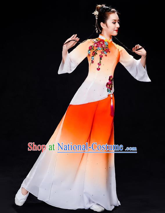 China Folk Dance Performance Orange Uniforms Fan Dance Yangko Dance Clothing