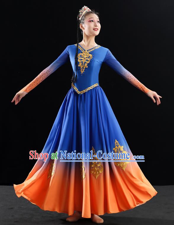 China Traditional Uyghur Nationality Folk Dance Clothing Xinjiang Ethnic Stage Performance Blue Dress Outfits