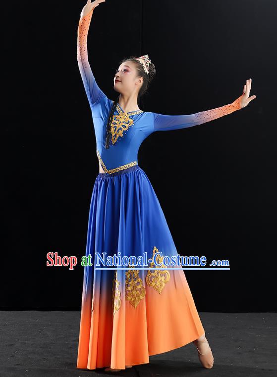 China Traditional Uyghur Nationality Folk Dance Clothing Xinjiang Ethnic Stage Performance Blue Dress Outfits