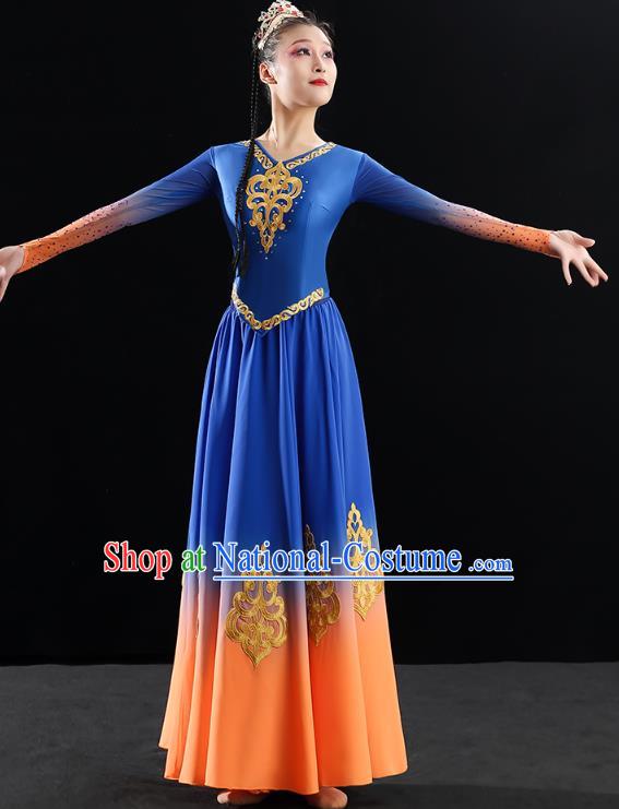 China Traditional Uyghur Nationality Folk Dance Clothing Xinjiang Ethnic Stage Performance Blue Dress Outfits