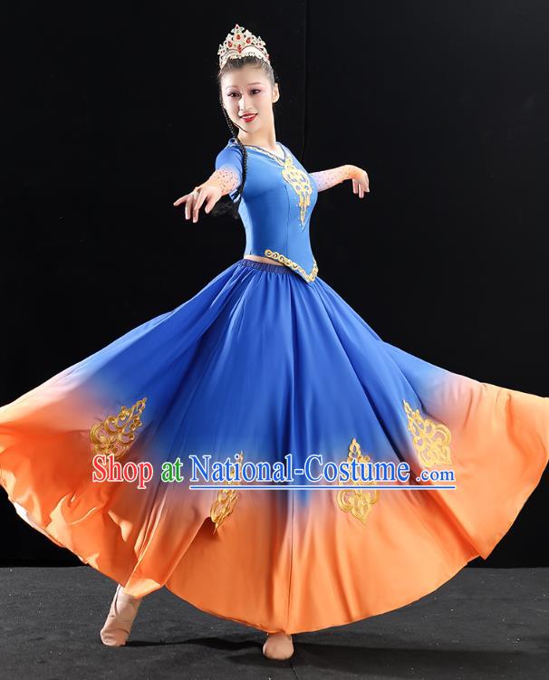 China Traditional Uyghur Nationality Folk Dance Clothing Xinjiang Ethnic Stage Performance Blue Dress Outfits