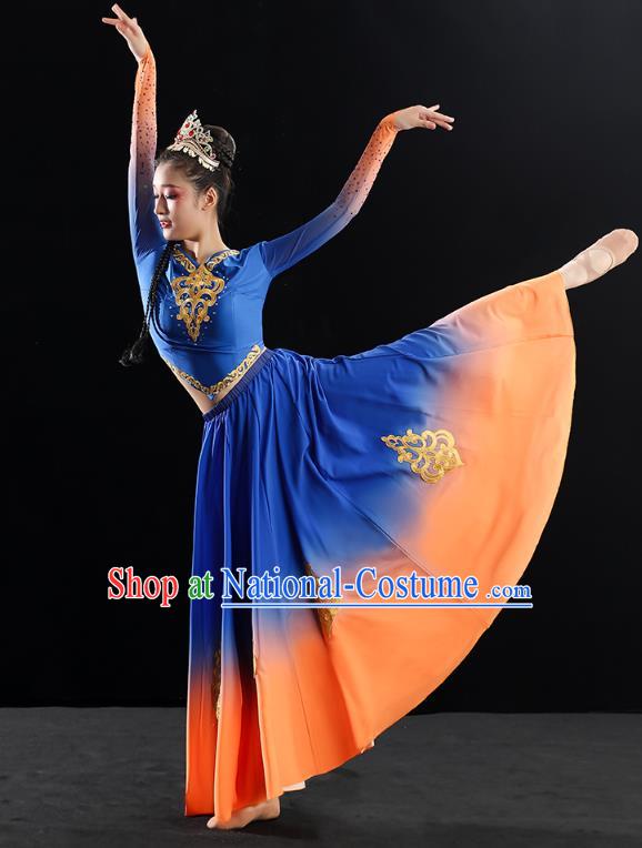 China Traditional Uyghur Nationality Folk Dance Clothing Xinjiang Ethnic Stage Performance Blue Dress Outfits