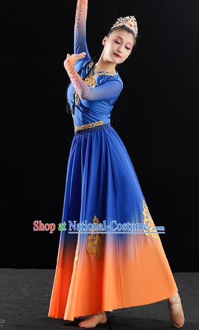 China Traditional Uyghur Nationality Folk Dance Clothing Xinjiang Ethnic Stage Performance Blue Dress Outfits