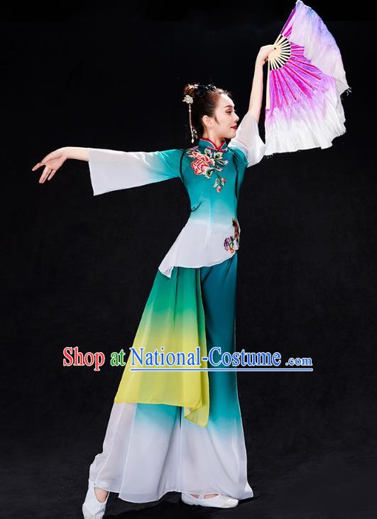 China Fan Dance Yangko Dance Clothing Folk Dance Solo Dance Green Uniforms