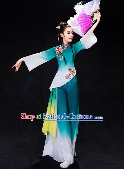 China Fan Dance Yangko Dance Clothing Folk Dance Solo Dance Green Uniforms