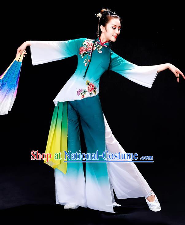 China Fan Dance Yangko Dance Clothing Folk Dance Solo Dance Green Uniforms