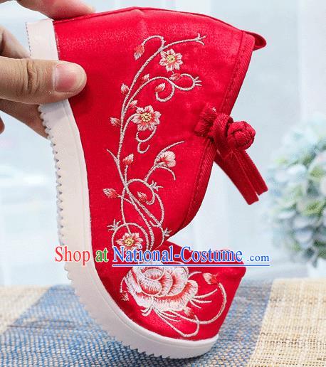 China National Bride Red Cloth Shoes Traditional Wedding Wedge Shoes Embroidered Peony Shoes