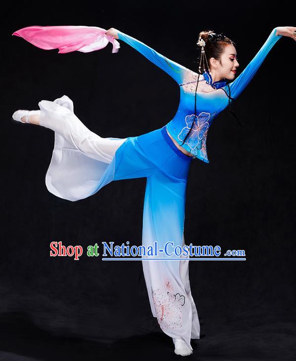 Chinese Fan Dance Blue Outfits Umbrella Dance Clothing Traditional Classical Dance Performance Costumes