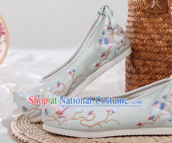 China Embroidered Mangnolia Shoes National Light Blue Satin Shoes Traditional Ming Dynasty Princess Bow Shoes