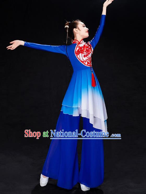 China Folk Dance Drum Dance Costume Yangko Dance Royalblue Uniforms Fan Dance Stage Performance Clothing