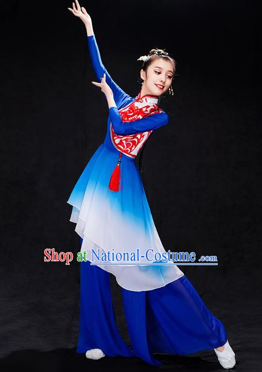 China Folk Dance Drum Dance Costume Yangko Dance Royalblue Uniforms Fan Dance Stage Performance Clothing