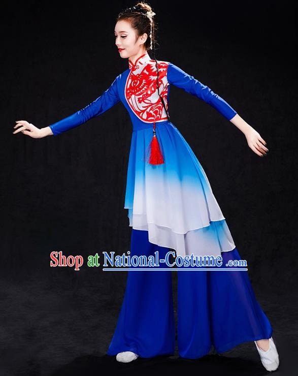 China Folk Dance Drum Dance Costume Yangko Dance Royalblue Uniforms Fan Dance Stage Performance Clothing