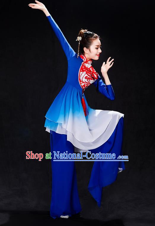 China Folk Dance Drum Dance Costume Yangko Dance Royalblue Uniforms Fan Dance Stage Performance Clothing