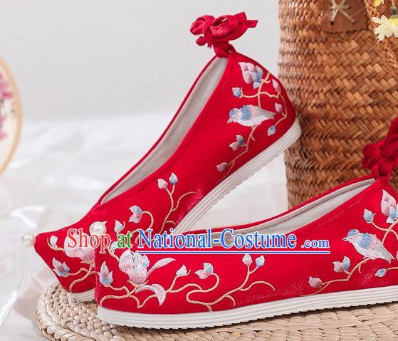 China National Wedding Red Satin Shoes Traditional Ming Dynasty Princess Bow Shoes Embroidered Mangnolia Shoes