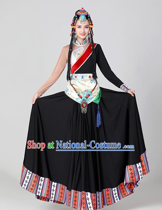 Chinese Tibetan Ethnic Folk Dance Costume Traditional Zang Nationality Stage Performance Black Dress