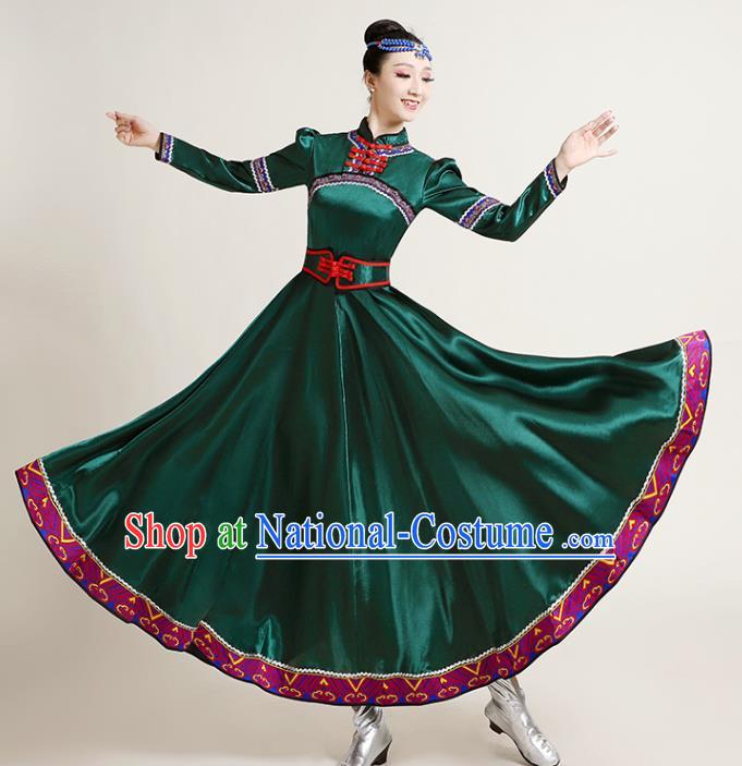 Chinese Mongolian Ethnic Dance Performance Costume Traditional Mongol Nationality Dance Competition Green Dress