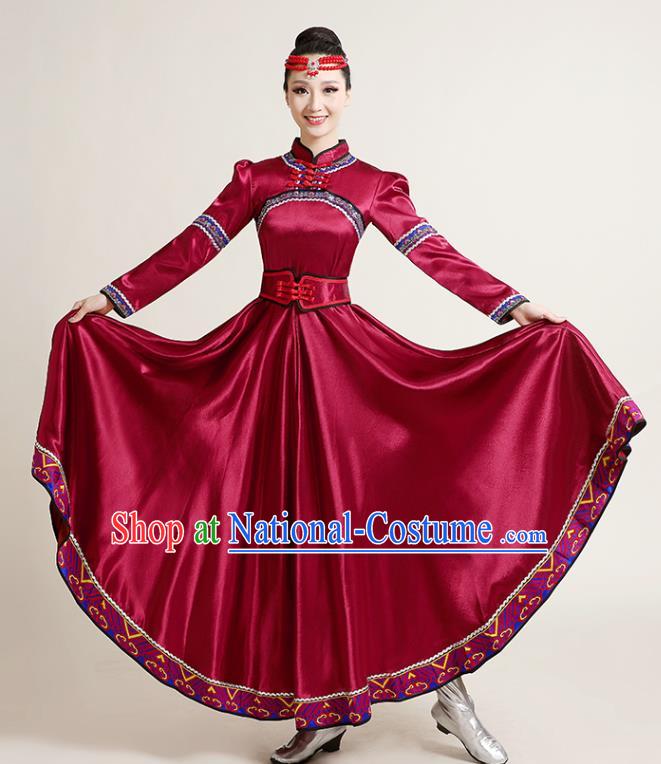 Chinese Traditional Mongol Nationality Dance Competition Wine Red Dress Mongolian Ethnic Dance Performance Costume