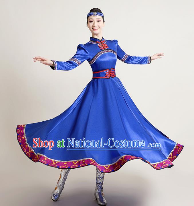 Chinese Traditional Mongol Nationality Royalblue Dress Mongolian Ethnic Folk Dance Costume