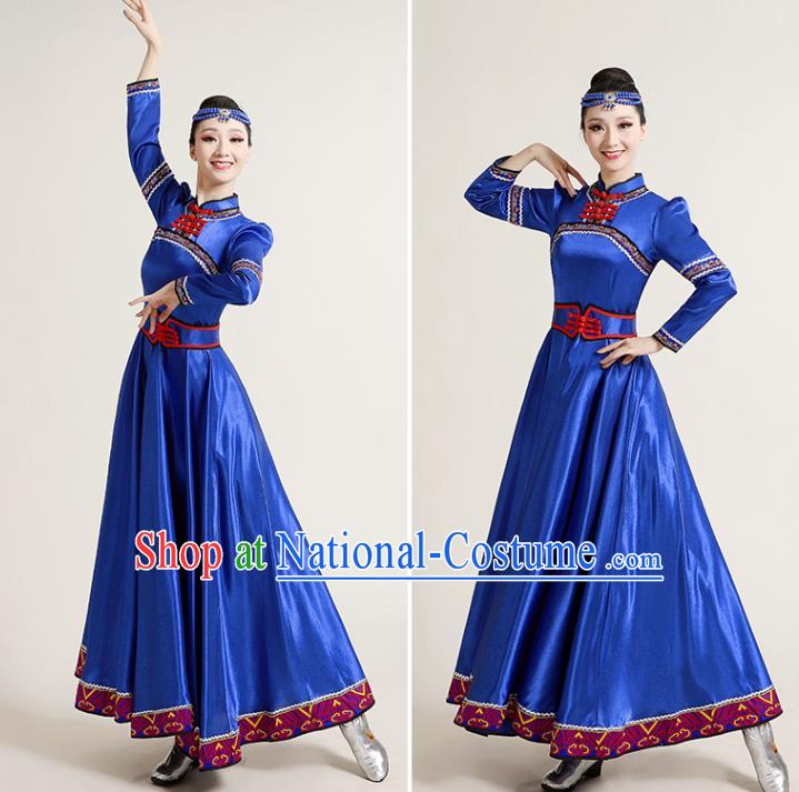 Chinese Traditional Mongol Nationality Royalblue Dress Mongolian Ethnic Folk Dance Costume