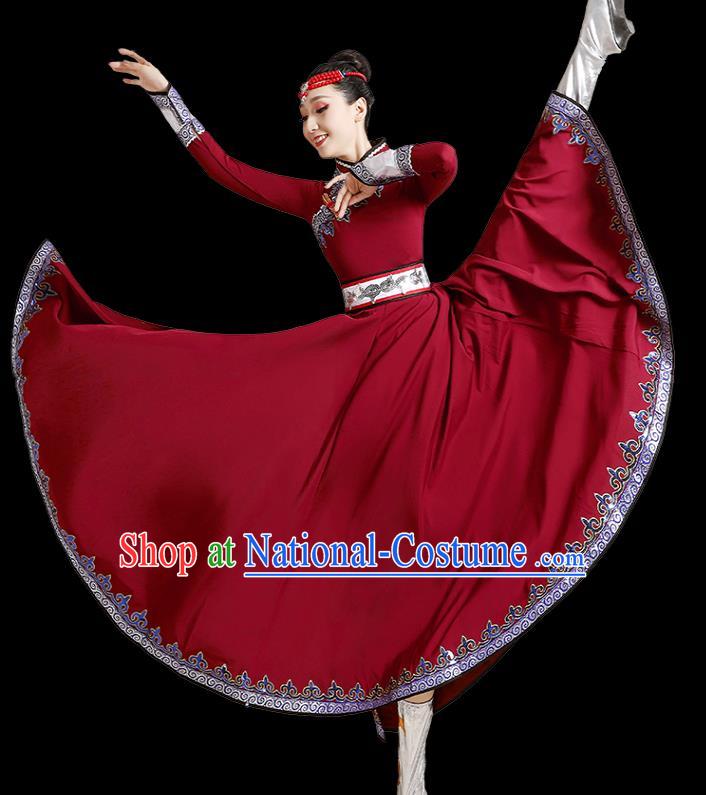 Chinese Mongolian Dance Wine Red Dress Traditional Mongol Nationality Outfits Ethnic Folk Dance Costume