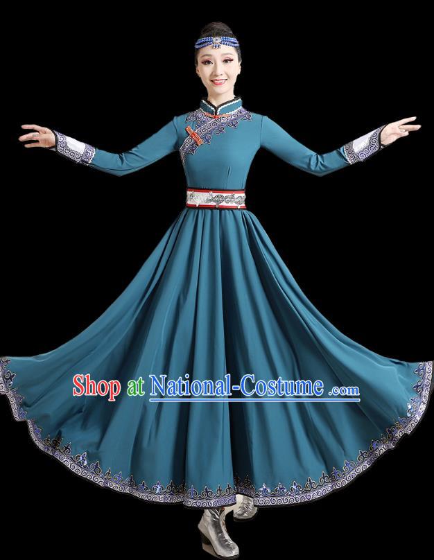 Chinese Ethnic Folk Dance Costume  Mongolian Dance Blue Dress Traditional Mongol Nationality Outfits