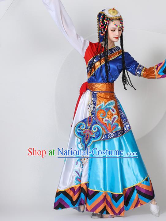 Chinese Tibetan Ethnic Dance Costume Traditional Zang Nationality Stage Performance Blue Dress Outfits