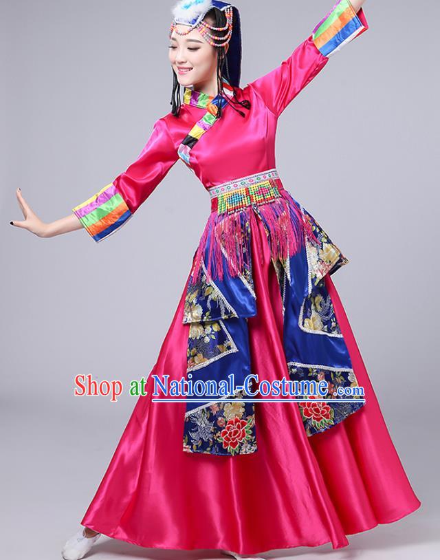 Chinese Traditional Zang Nationality Stage Performance Rosy Dress Outfits Tibetan Ethnic Dance Costume