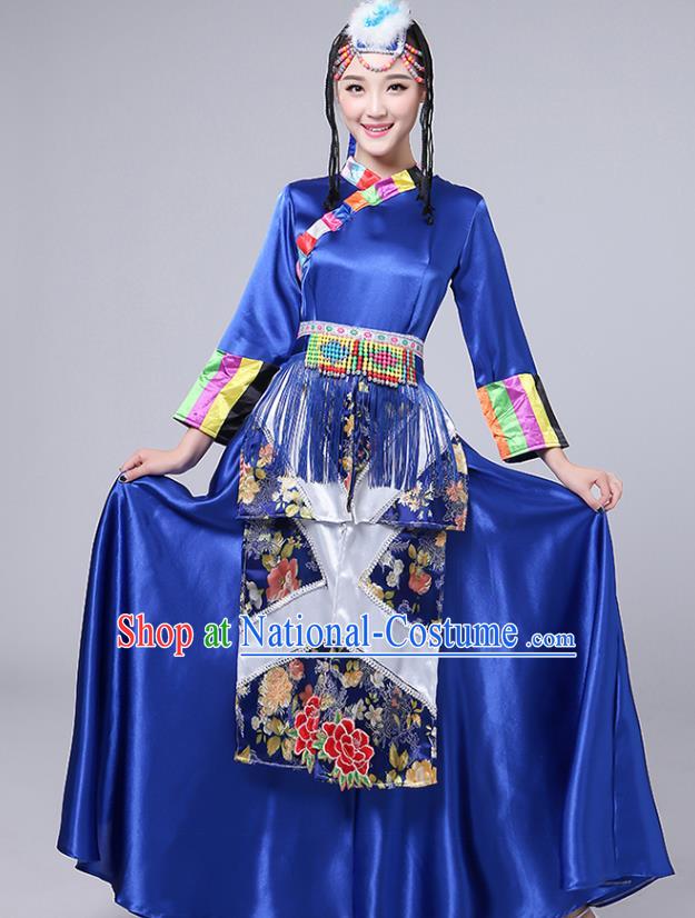 Chinese Tibetan Ethnic Royalblue Dress Traditional Zang Nationality Stage Performance Outfits Minority Folk Dance Costume