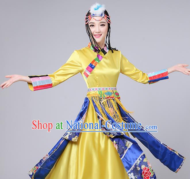 Chinese Minority Folk Dance Costume Tibetan Ethnic Yellow Dress Traditional Zang Nationality Stage Performance Outfits