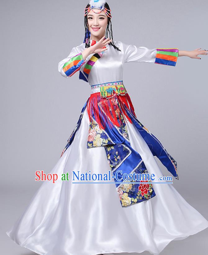 Chinese Zang Nationality Performance Outfits Traditional Minority Folk Dance Costume Tibetan Ethnic White Dress